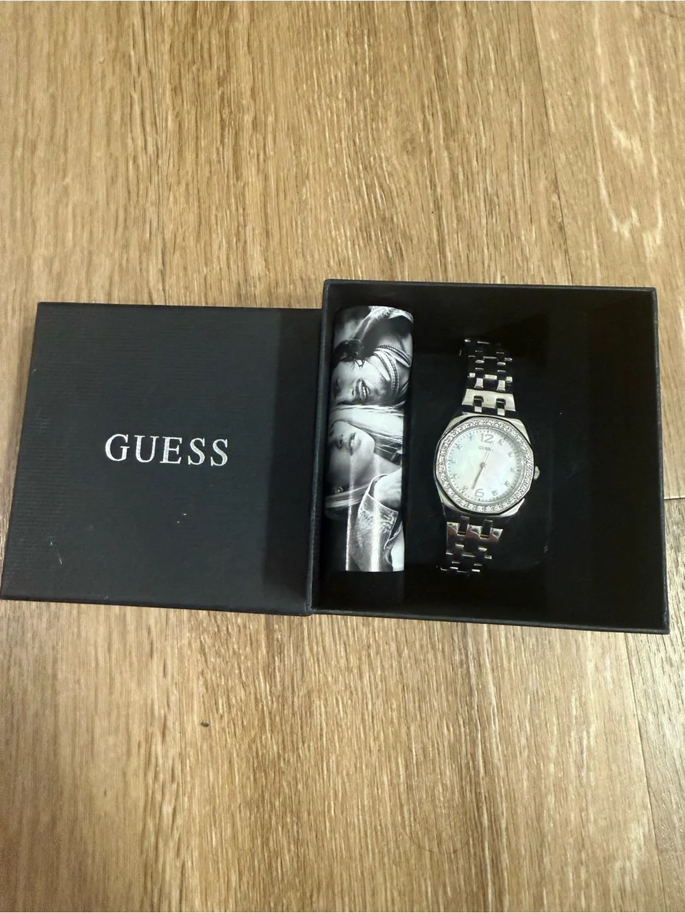 GUESS Silver-Tone Crystal Bezel Watch with Mother-of-Pearl Dial